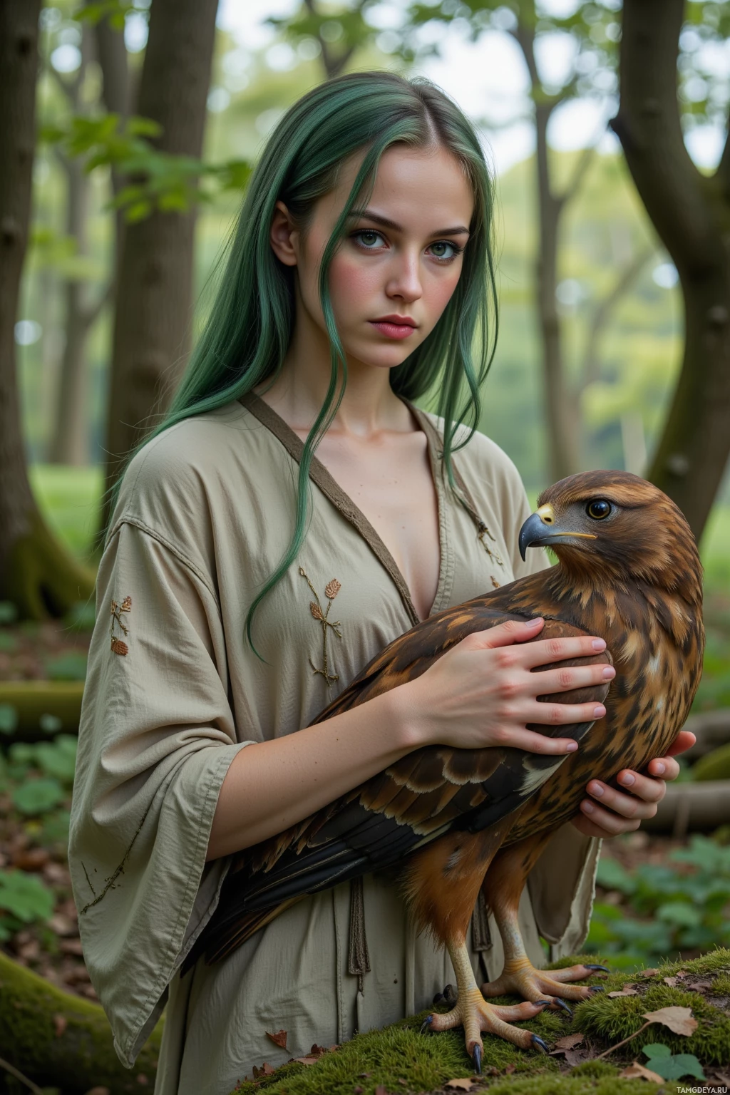 A person with green hair holds a hawk in a forest setting.