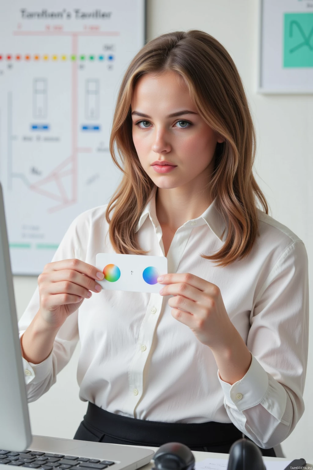 A woman in a white shirt holds a color swatch card in front of a computer.