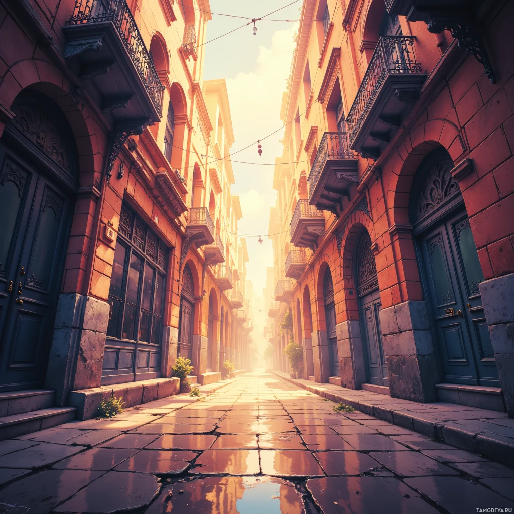 A sunlit street lined with ornate buildings and balconies.