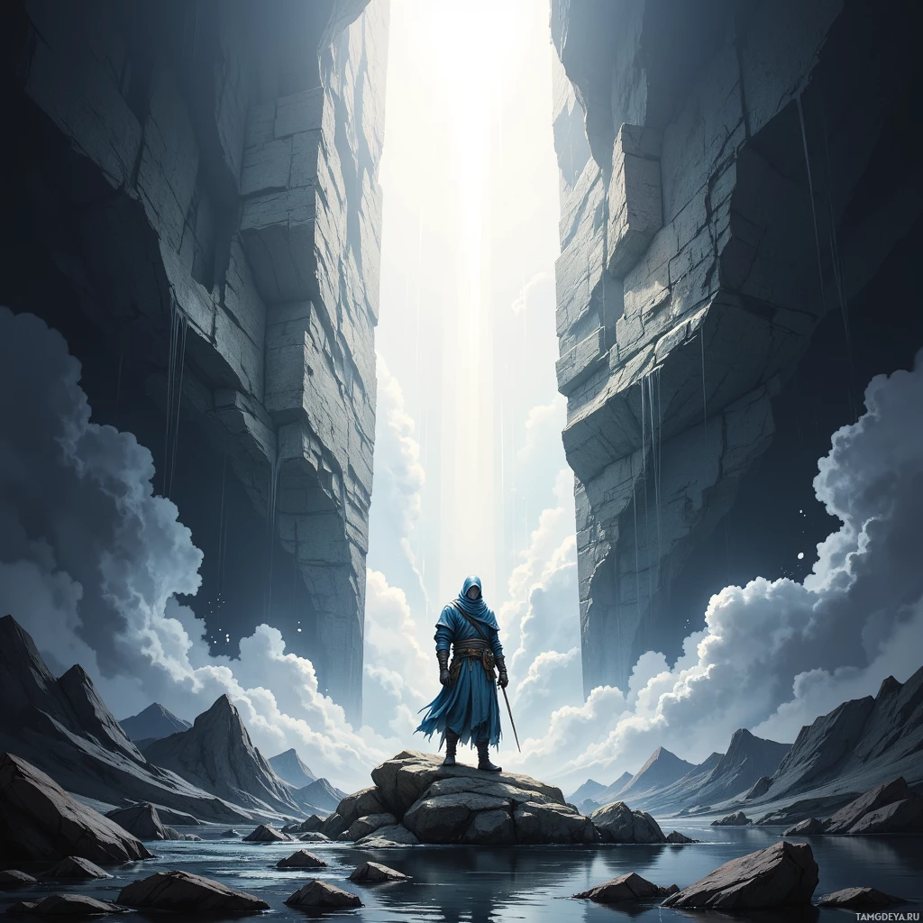 A lone figure stands on a rocky outcrop in a vast, mountainous landscape with a bright light shining through a narrow gap in the cliffs.