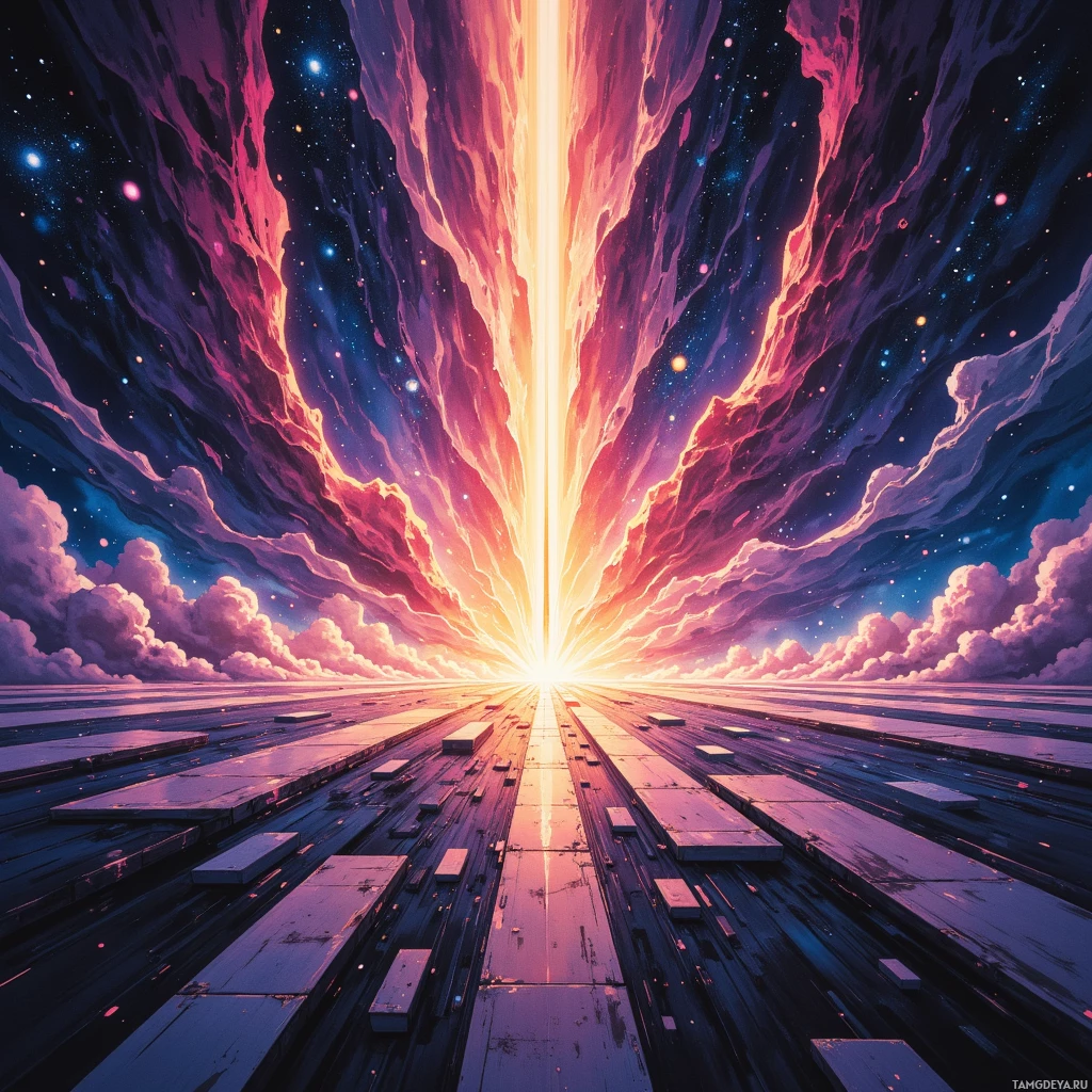 A vibrant cosmic scene with a glowing vertical light beam and floating platforms.