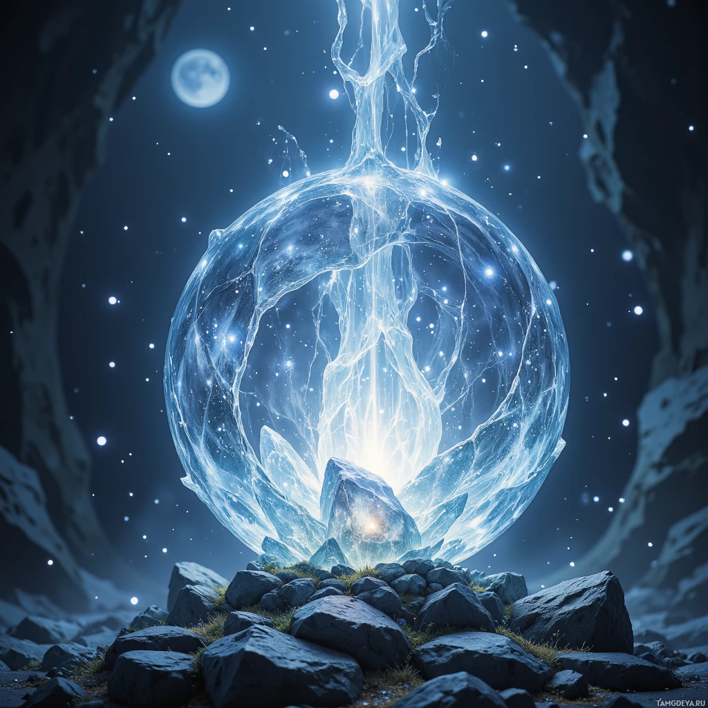 A glowing, ethereal crystal sphere rests on a rocky surface under a starry night sky.