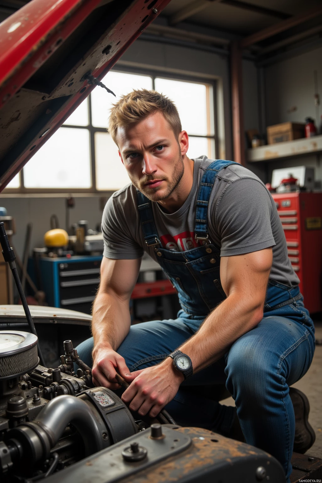 A man in overalls works on a vehicle in a garage.
