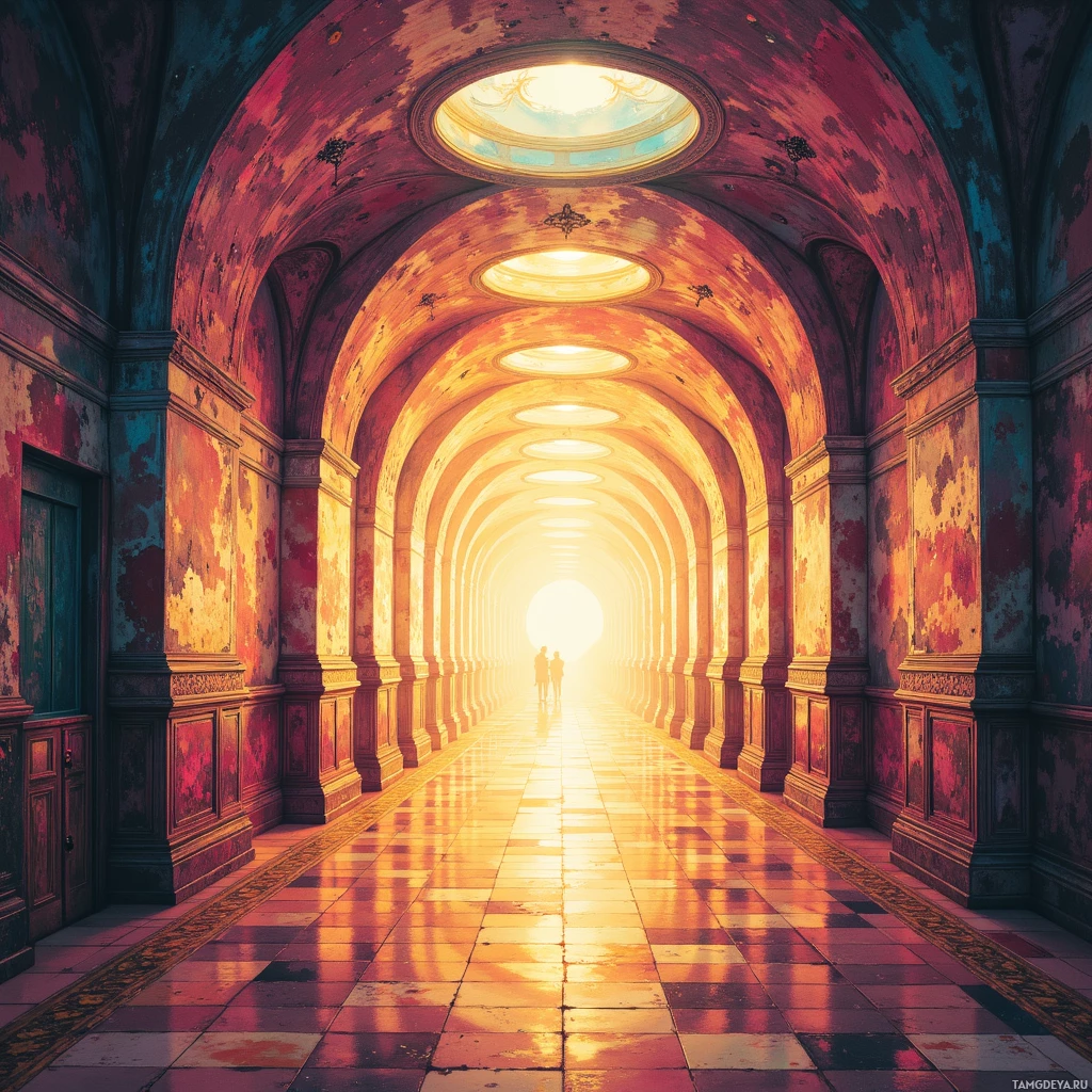A grand, ornate corridor with arched ceilings and a bright light at the end.