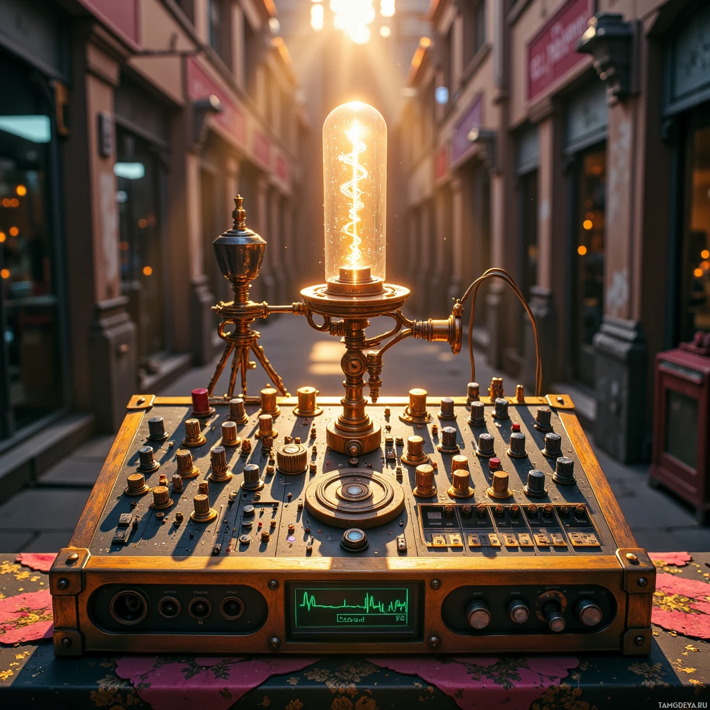 A vintage-style control panel with a glowing light bulb and intricate dials and switches sits on a table in an alleyway.
