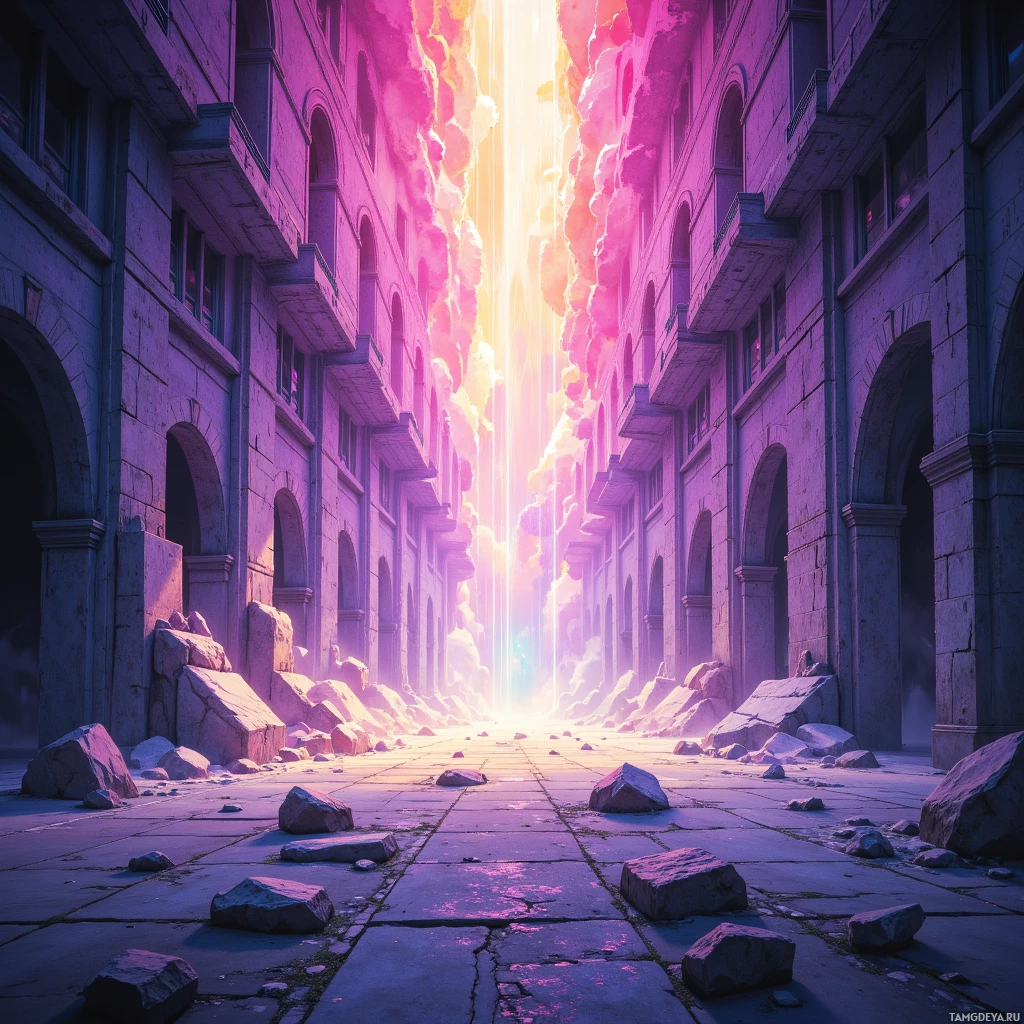 A sunlit alleyway with ancient stone buildings and scattered rocks.