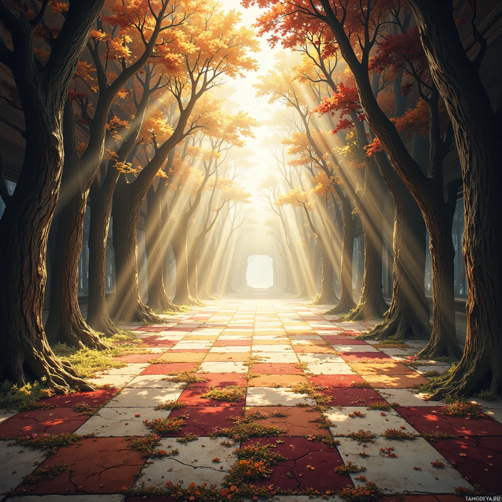 A sunlit forest path lined with autumn-colored trees and a checkered stone floor.
