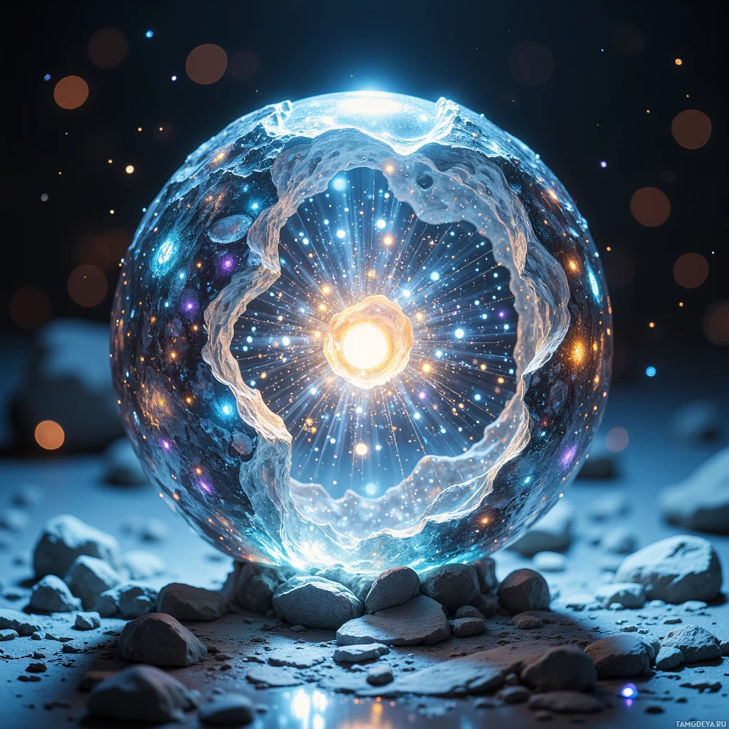 A glowing, ethereal sphere with a cosmic interior rests on a rocky surface.
