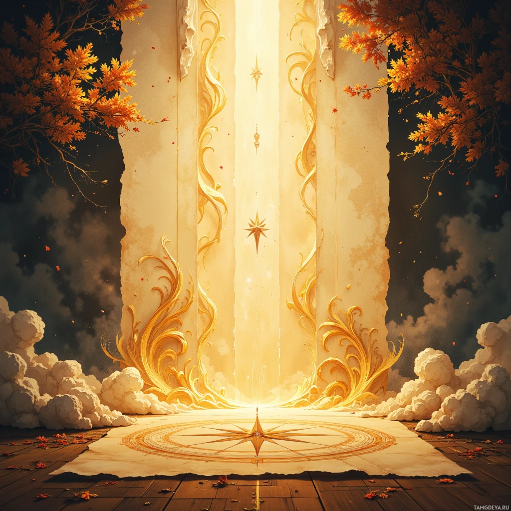 A glowing portal with intricate designs and autumn leaves.