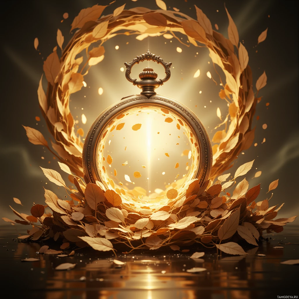 A golden pocket watch surrounded by swirling autumn leaves and glowing light.