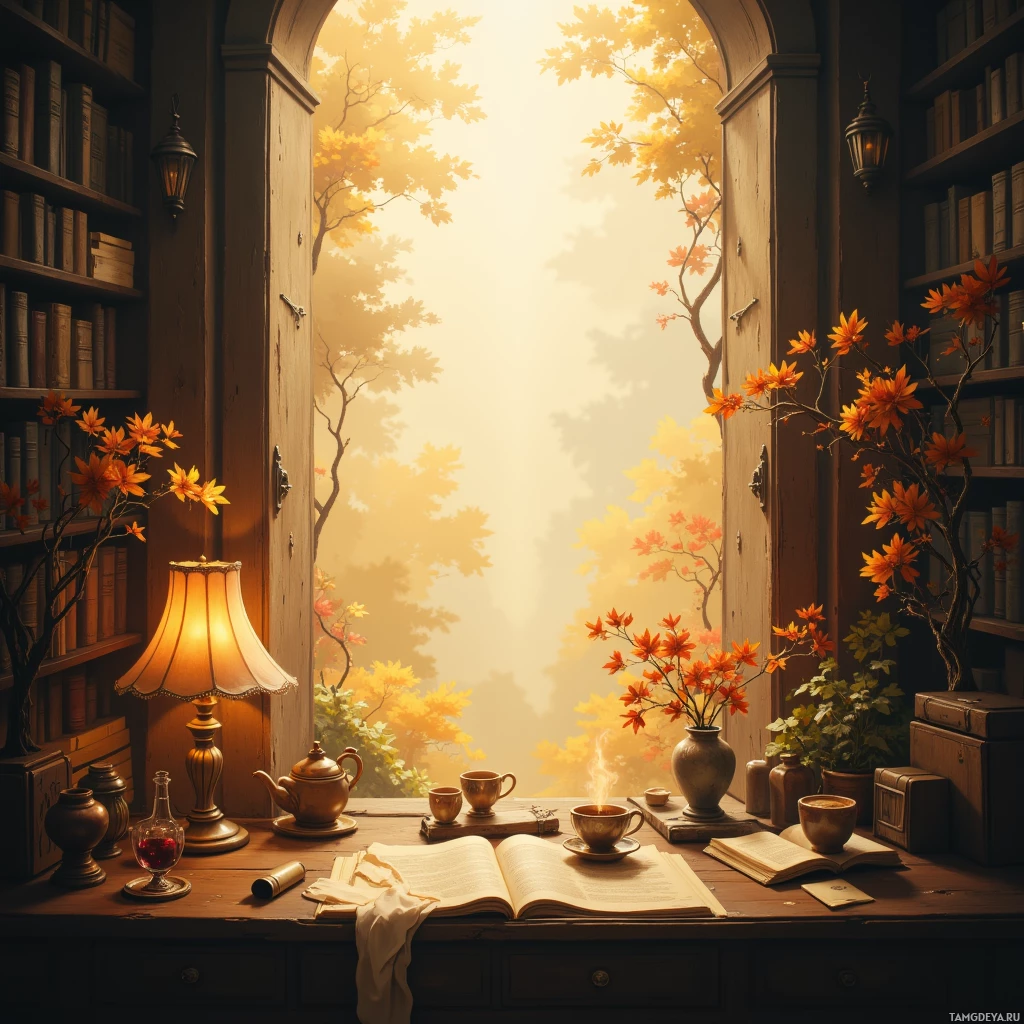 A cozy library scene with autumnal light streaming through an open door, books, and a warm lamp on a wooden desk.