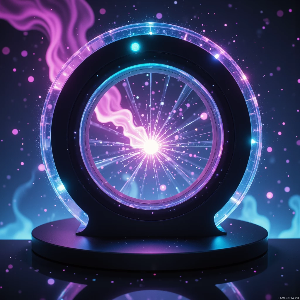 A glowing, futuristic circular device with a radiant, cosmic interior and a reflective pedestal.