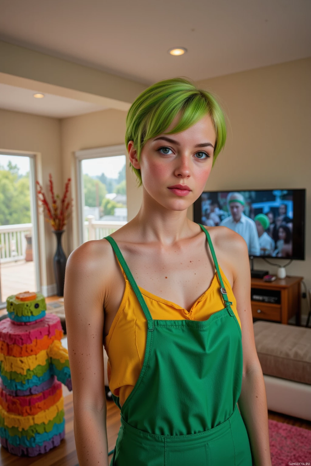 A person with green hair stands indoors, wearing a green and yellow outfit.
