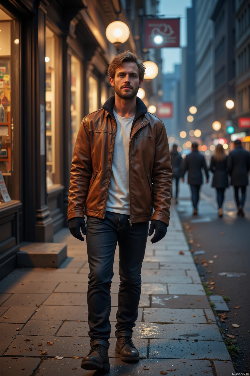 A man stands on a city sidewalk wearing a brown leather jacket, white shirt, jeans, and black boots.