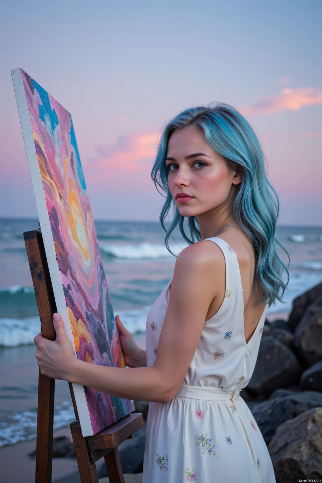 A woman stands by the sea, holding a colorful painting on an easel.