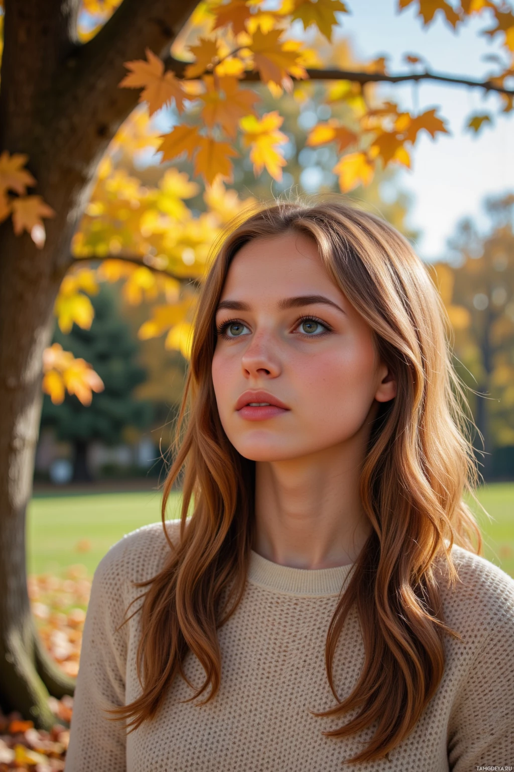 A young woman with long, wavy brown hair stands outdoors in autumn, surrounded by golden leaves.