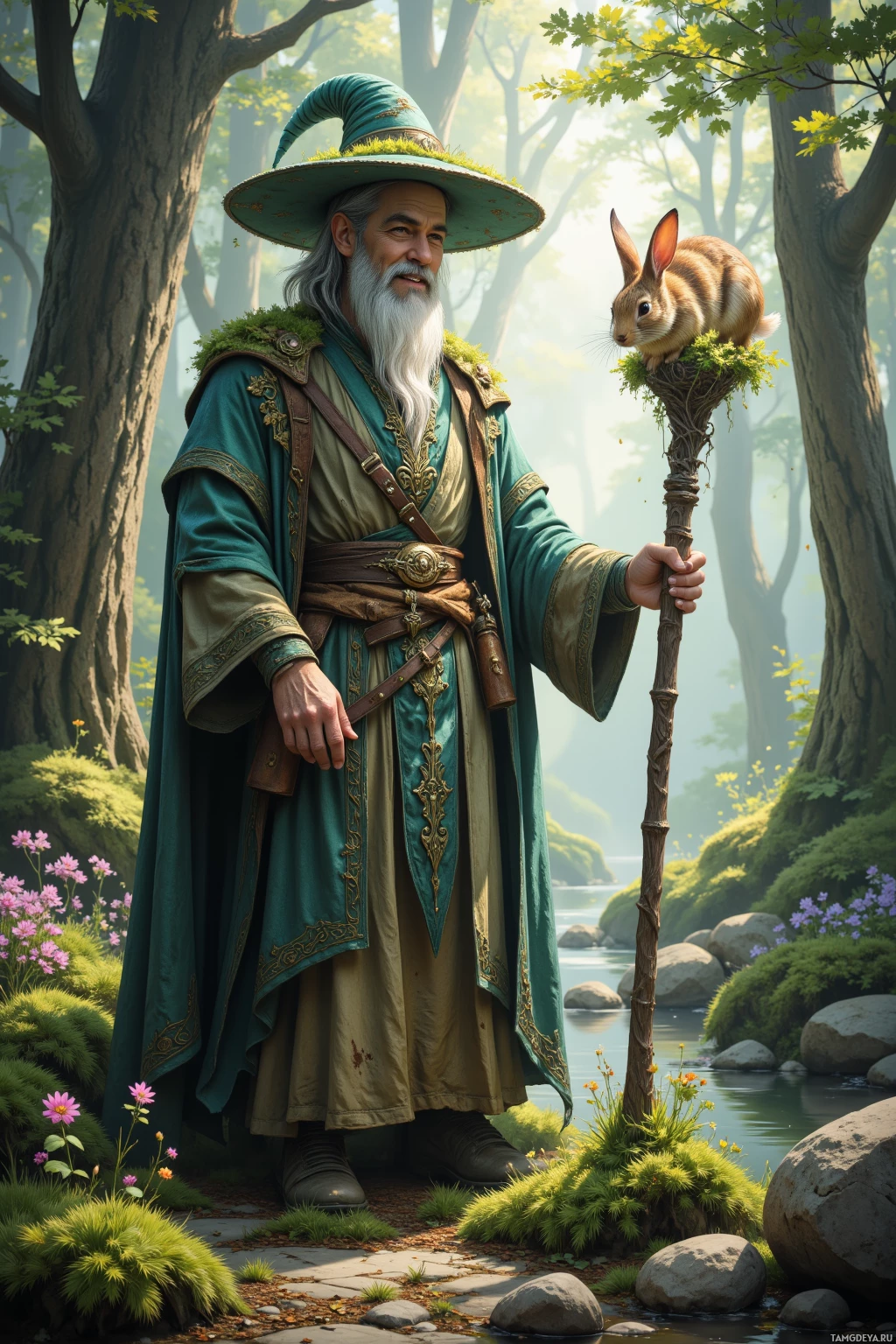 A wizard in a forest setting, holding a staff and accompanied by a rabbit.
