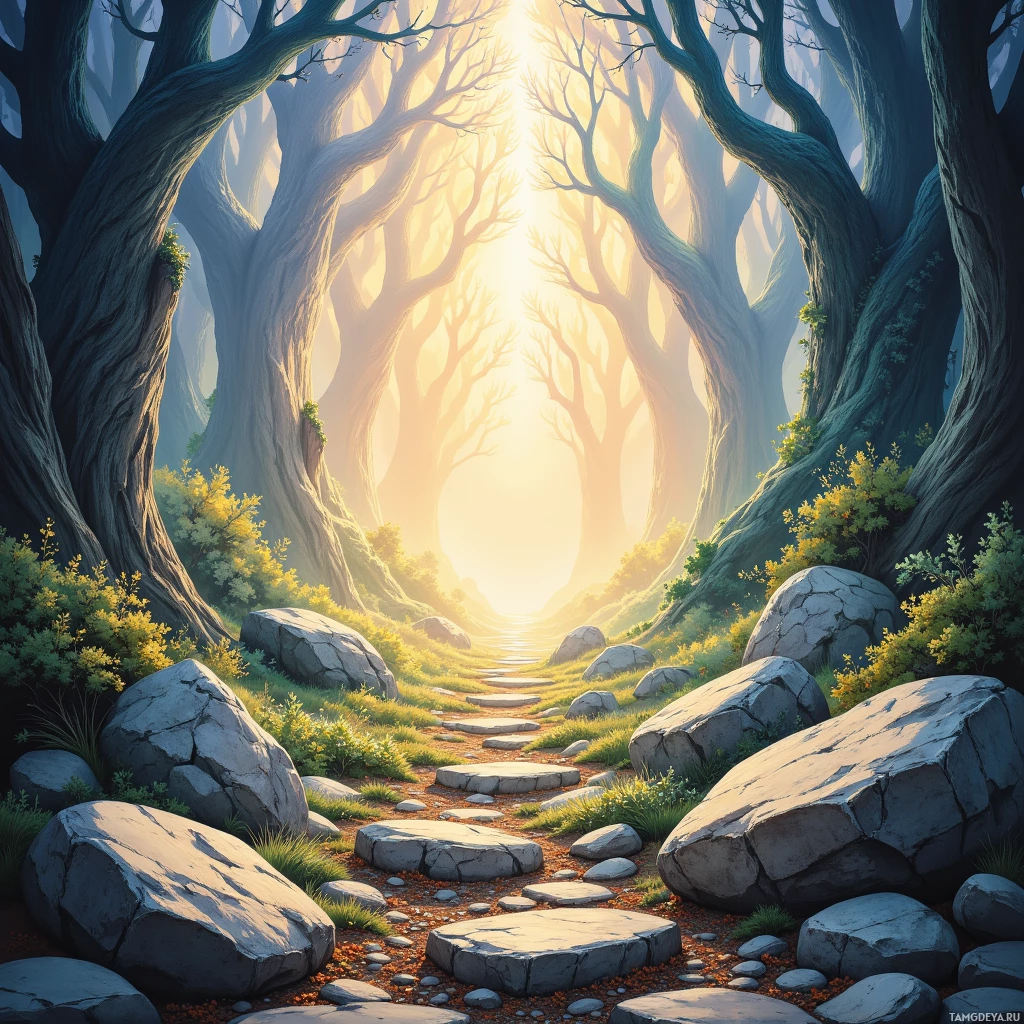 A serene forest path leads through tall, twisted trees towards a bright, glowing light at the end.