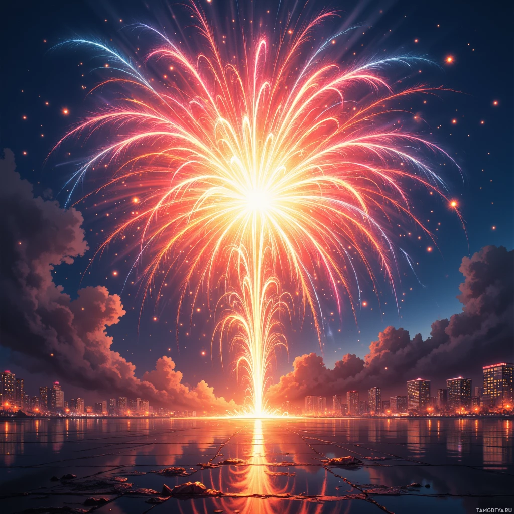 A vibrant fireworks display illuminates the night sky over a cityscape.