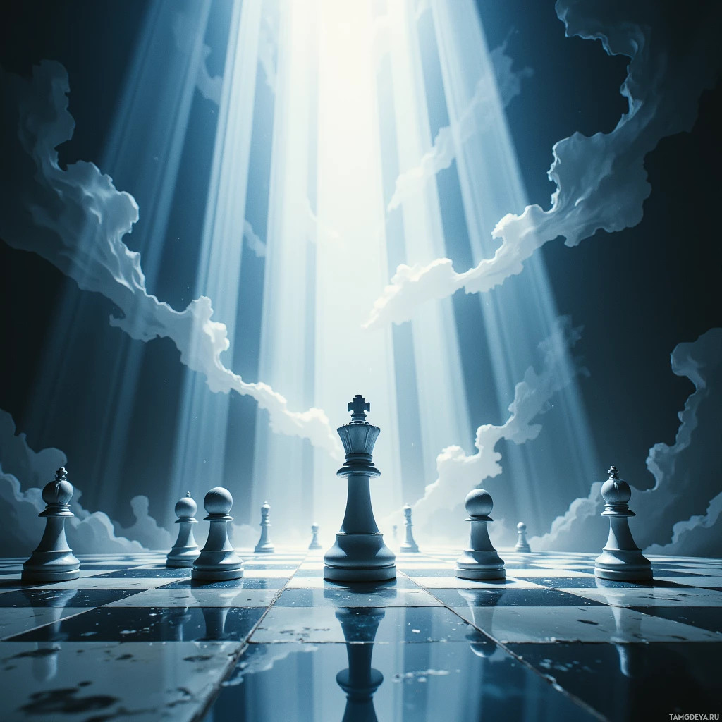 A chessboard with a king and pawns under beams of light and clouds.