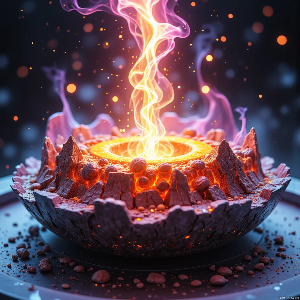 A glowing, fiery ring of light surrounded by rocks and particles.