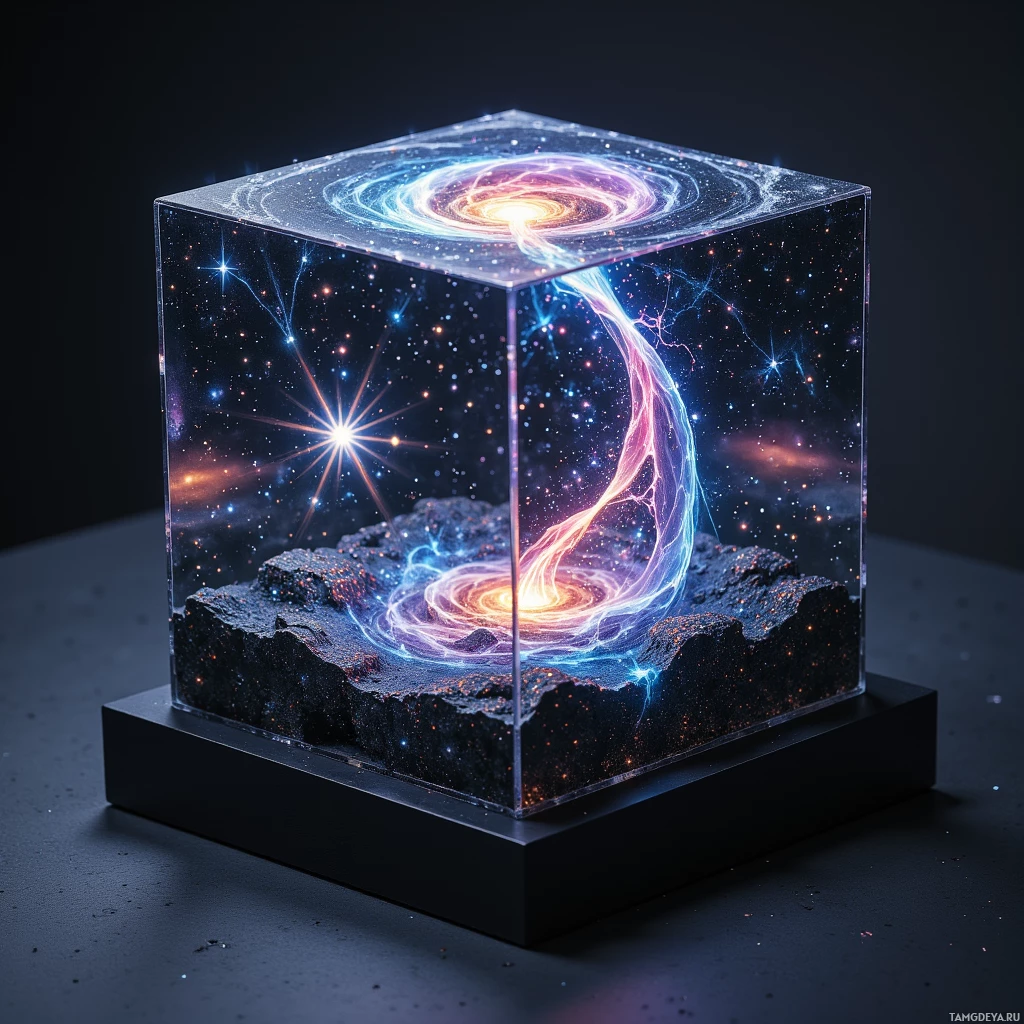 A transparent cube encases a cosmic scene with a swirling galaxy and starry background.