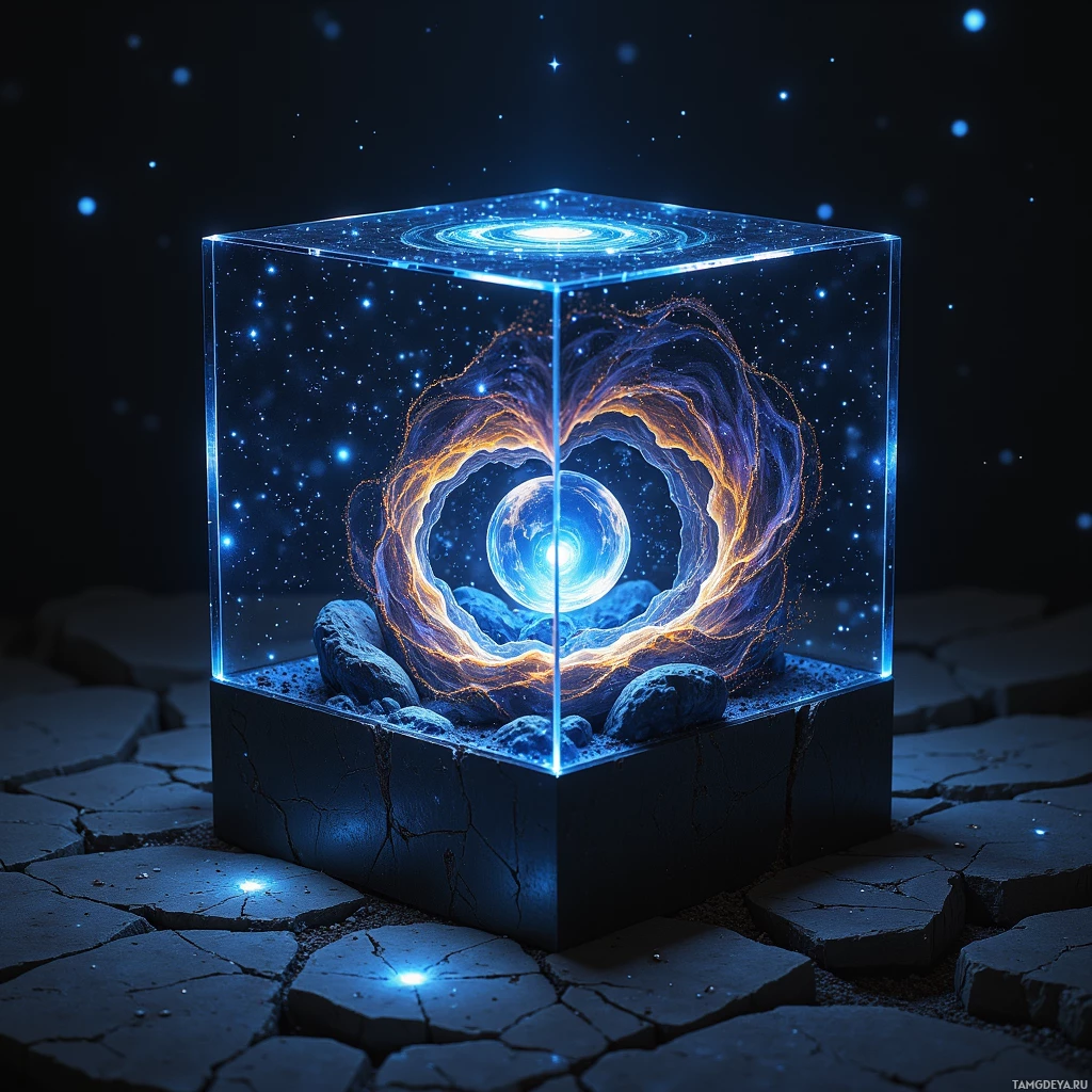 A glowing, cosmic scene inside a glass cube, featuring a swirling galaxy and a central blue orb, set against a dark, starry background.