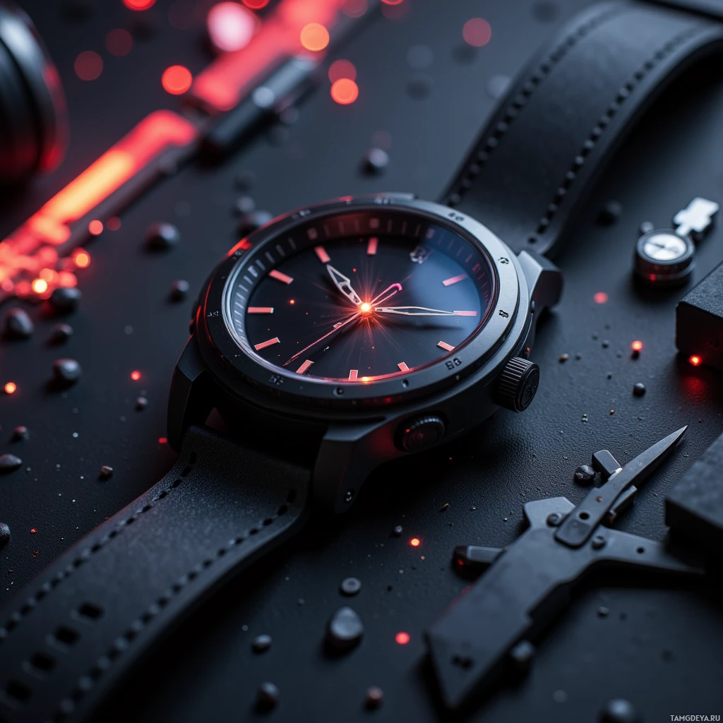 A sleek black watch with red accents and a leather strap is displayed against a dark, textured background with scattered red lights.
