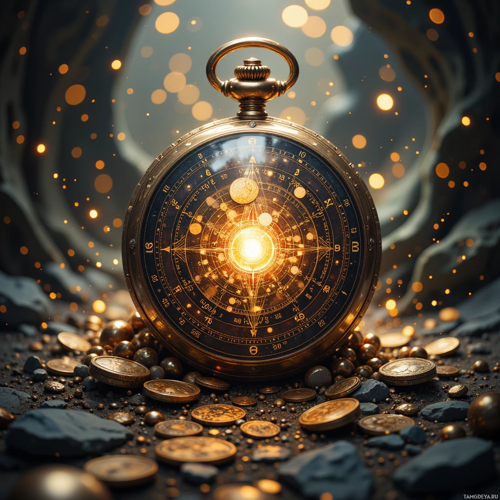 A golden pocket watch surrounded by coins and glowing particles.