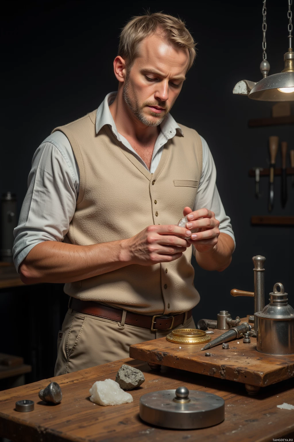 A man in a workshop examines a rock closely.