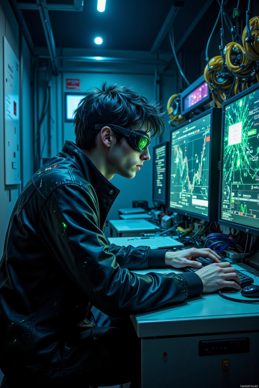 A person wearing a leather jacket and futuristic glasses works at a computer in a dimly lit room with multiple monitors displaying data.