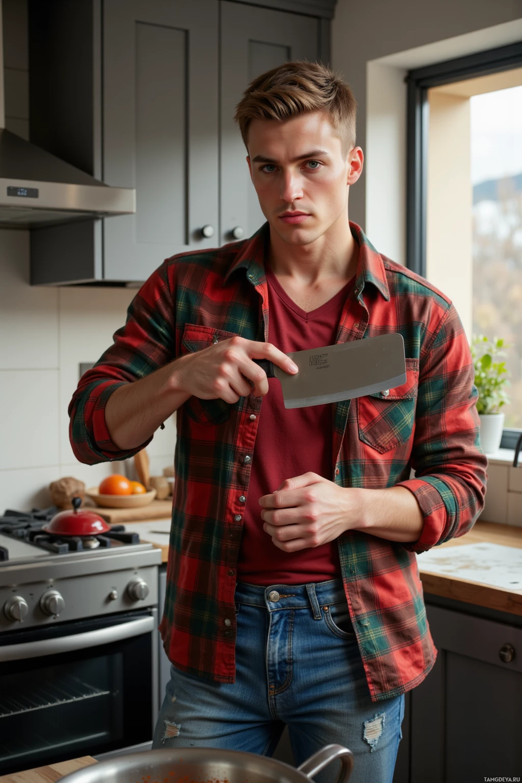 A man in a plaid shirt stands in a kitchen holding a knife.