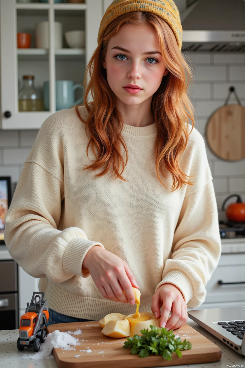 A person in a kitchen wearing a beige sweater and a beanie, preparing food on a wooden cutting board.