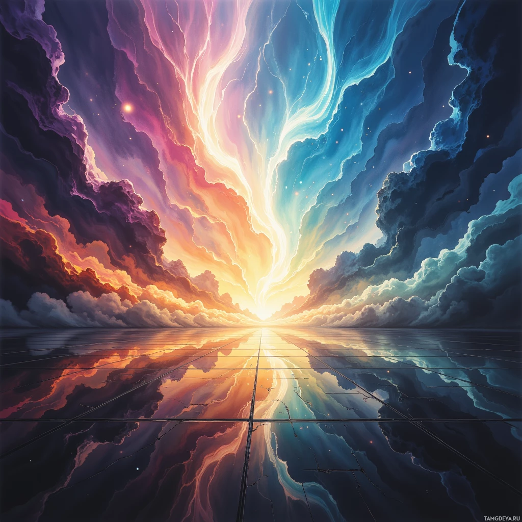 A vibrant, abstract sky with swirling clouds and a glowing horizon reflected on a smooth surface.