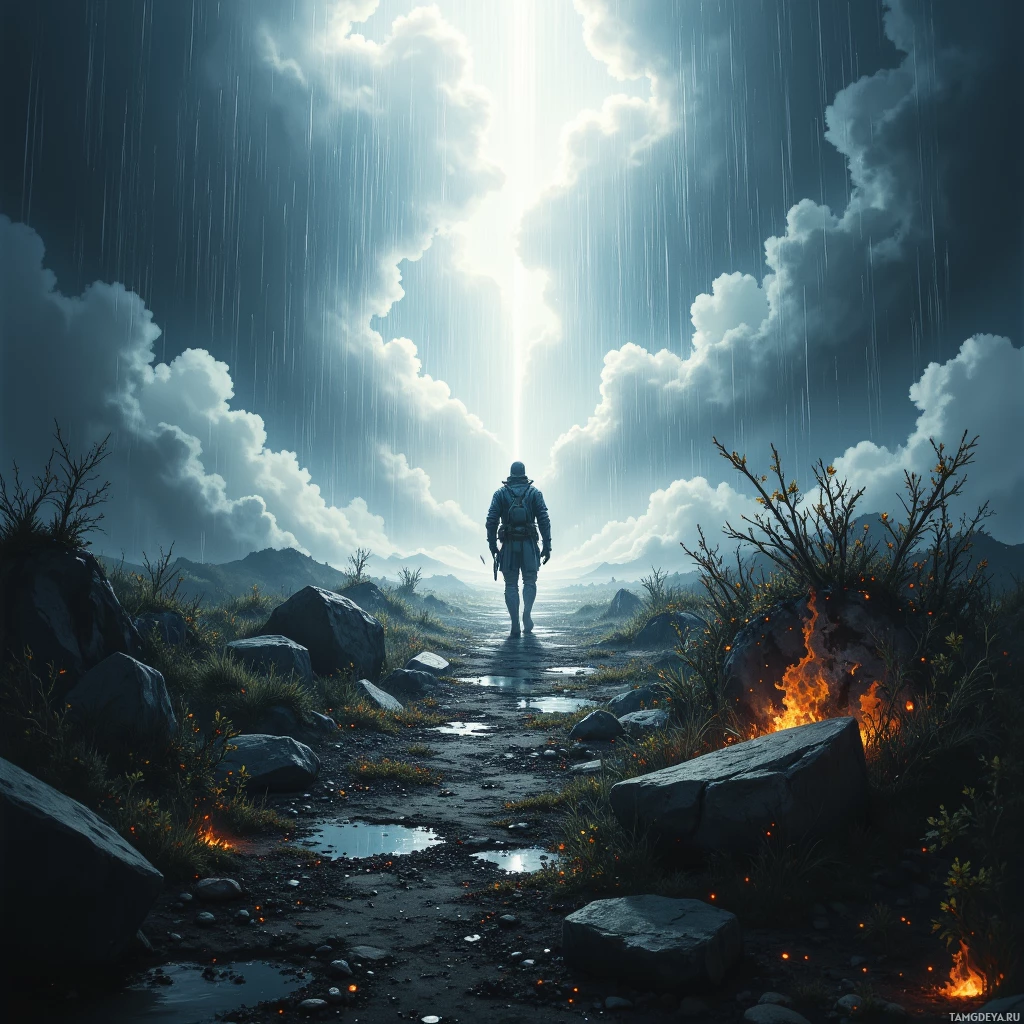 A lone figure walks along a path under a stormy sky with rain and lightning.