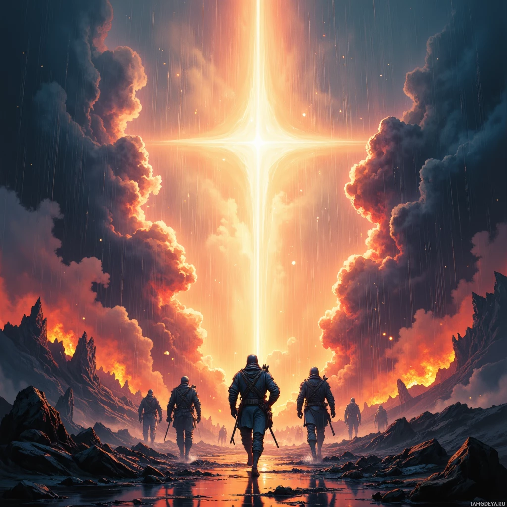 A group of armored figures walks towards a radiant, glowing portal in a dramatic, fiery landscape.