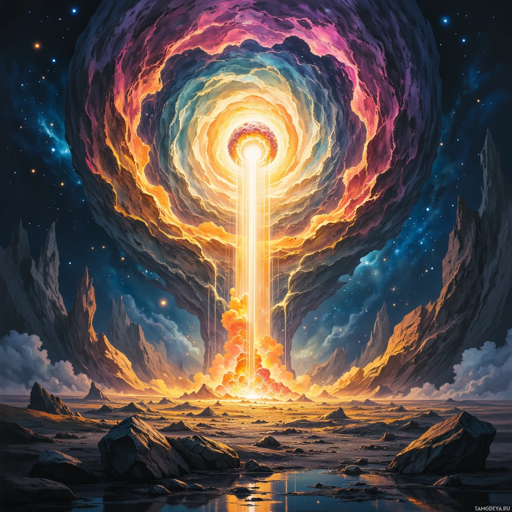 A vibrant cosmic scene featuring a glowing portal surrounded by swirling clouds and a starry sky.