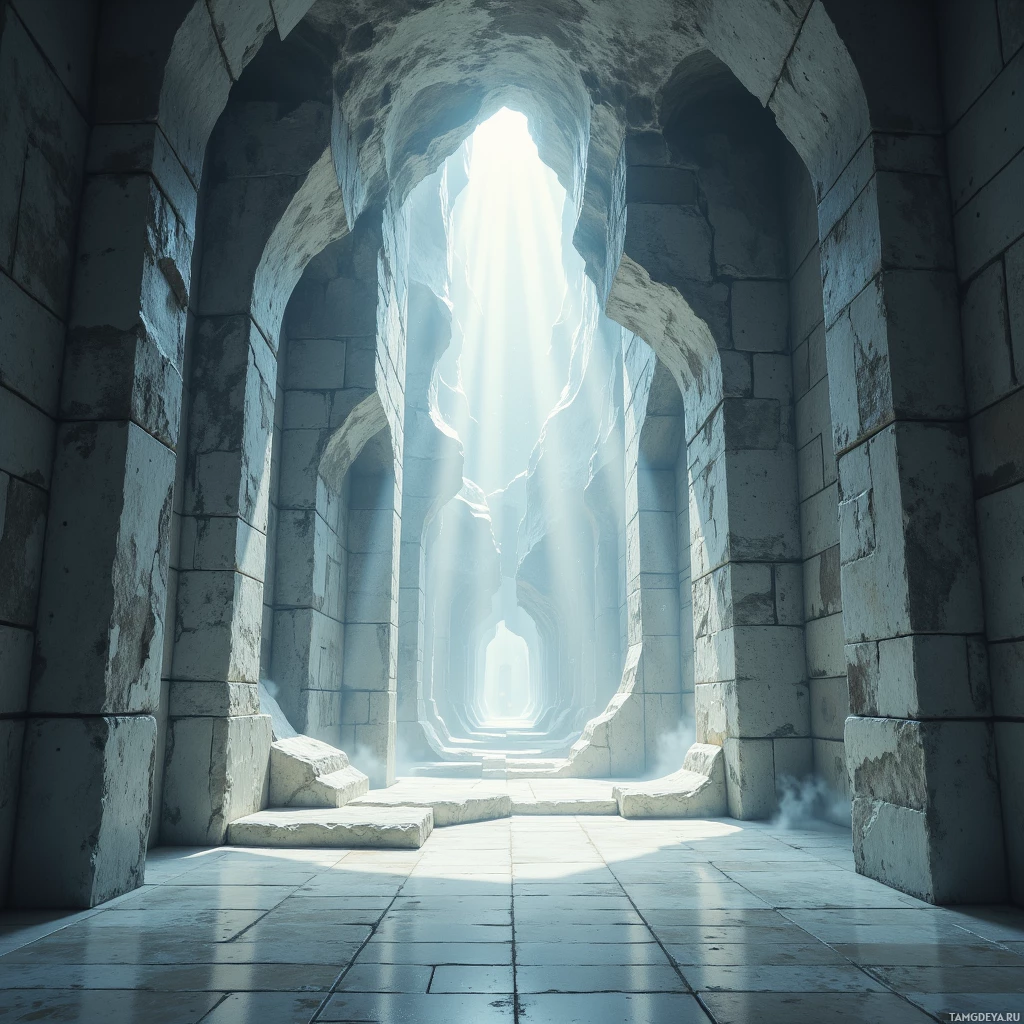 A stone corridor with arched openings and beams of light shining through.