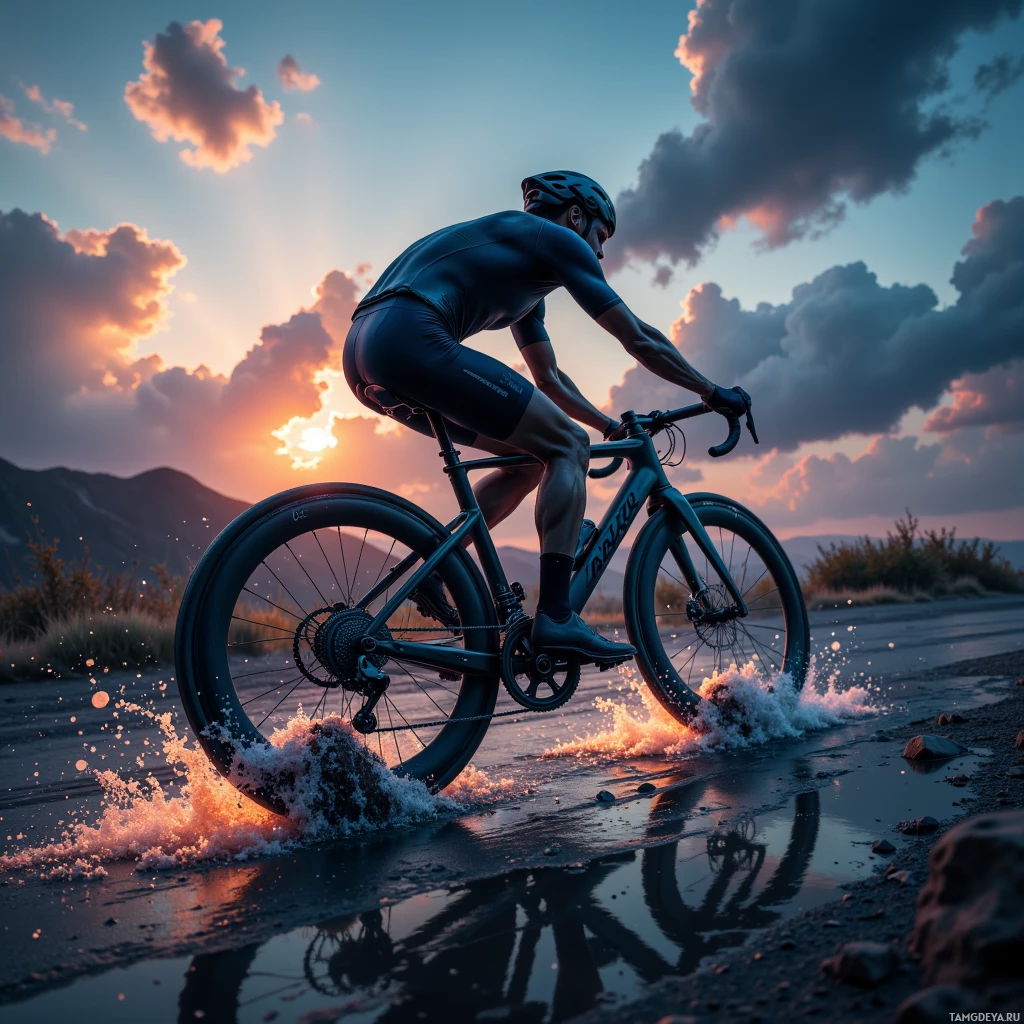A cyclist rides through a puddle at sunset, creating a splash.
