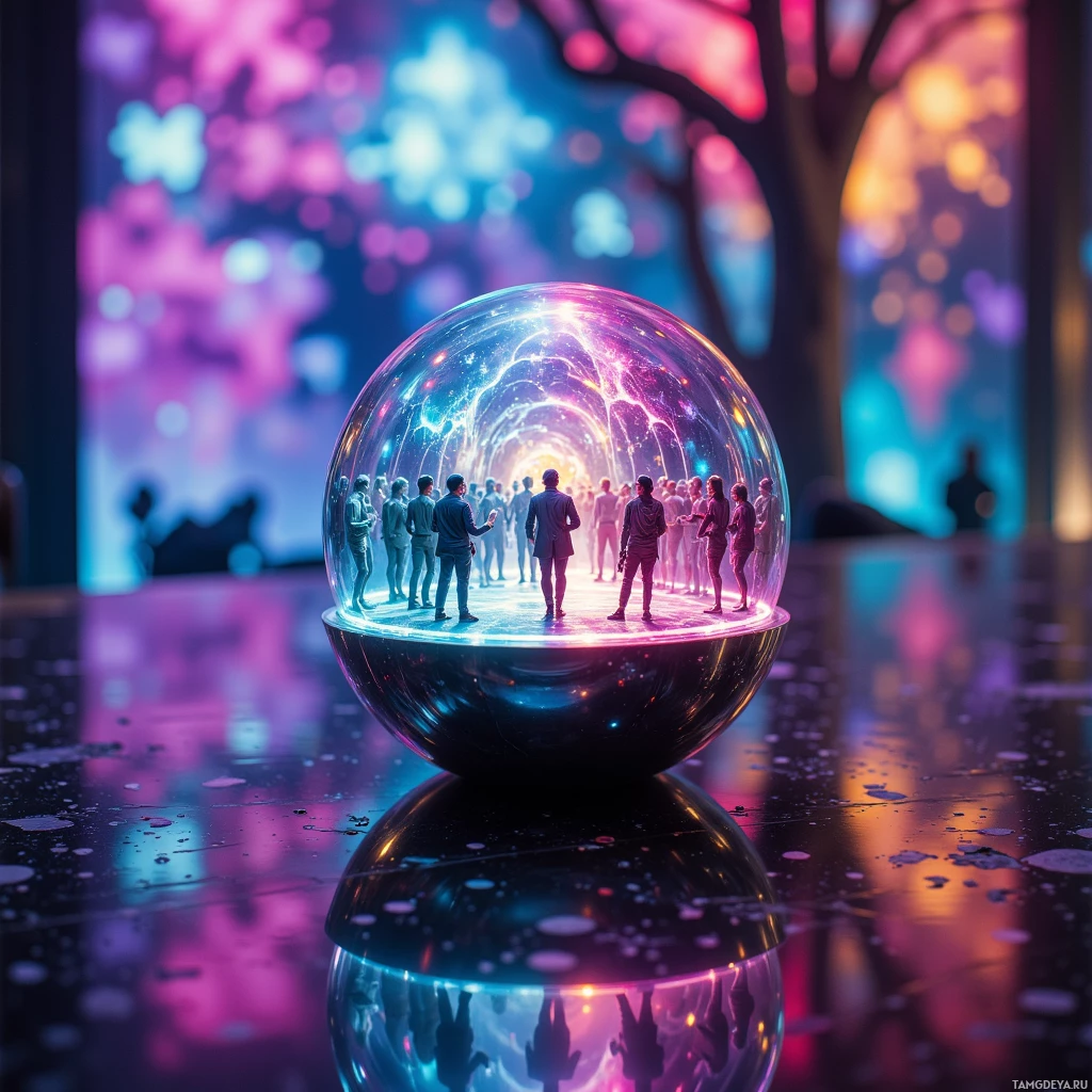 A group of people stands inside a glowing, reflective sphere with a colorful, cosmic background.