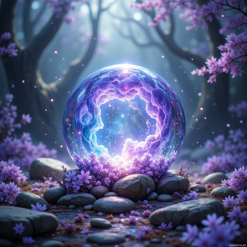 A serene scene featuring a glowing crystal ball surrounded by purple flowers and rocks in a misty forest.