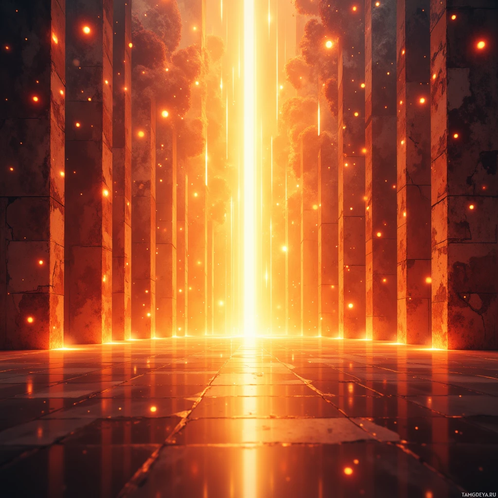 A glowing, fiery corridor with vertical beams of light and floating embers.