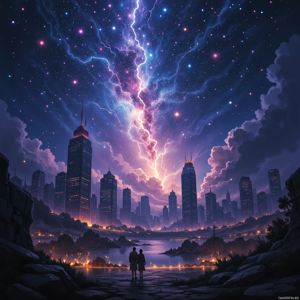 A city skyline at night with a vibrant sky, lightning, and two figures standing by a body of water.