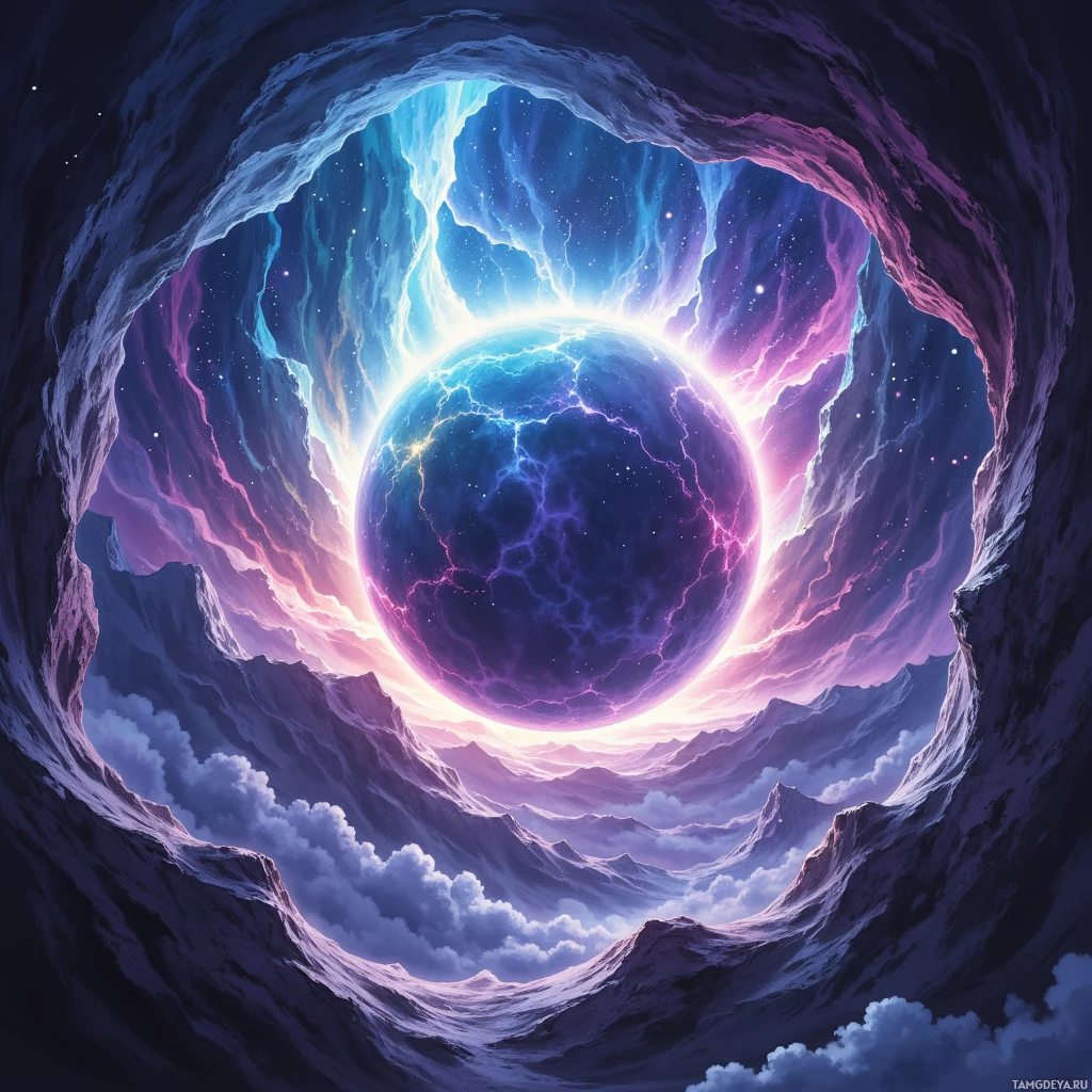 A vibrant cosmic scene featuring a glowing celestial body surrounded by ethereal clouds and a tunnel-like structure.