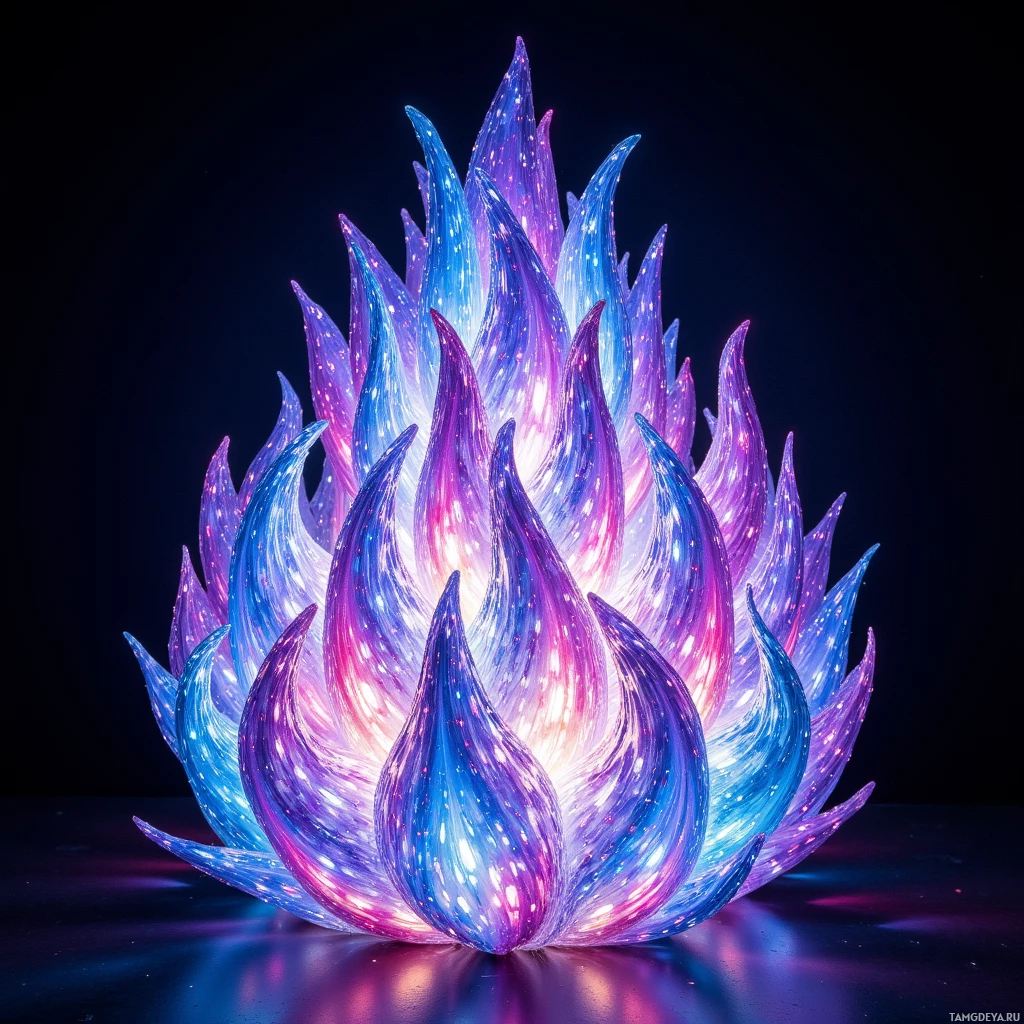 A glowing, abstract, multi-colored structure resembling a flower or flame with sharp, pointed petals.
