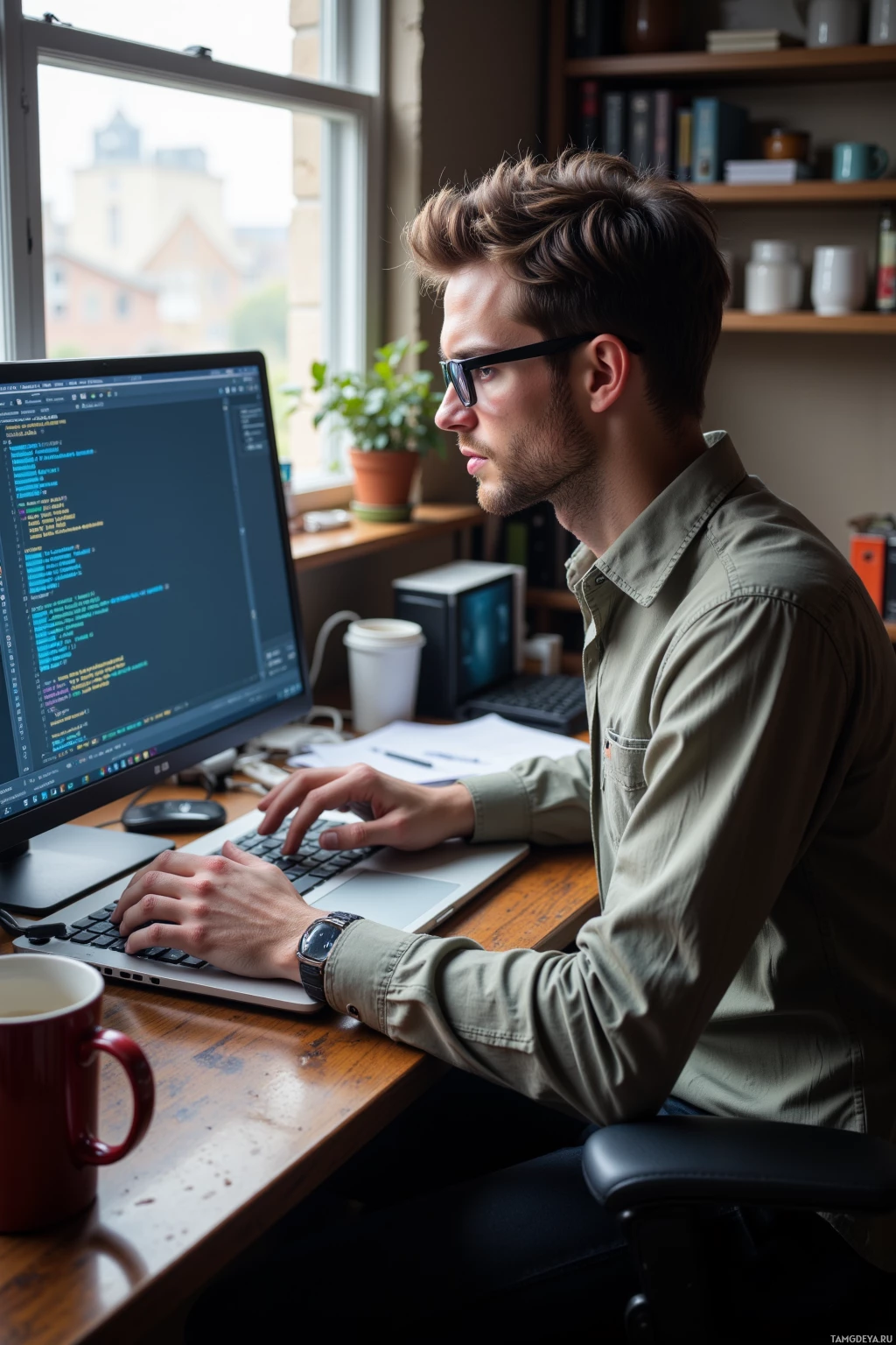 A person is working at a desk with a computer, typing on a keyboard and looking at a monitor displaying code.