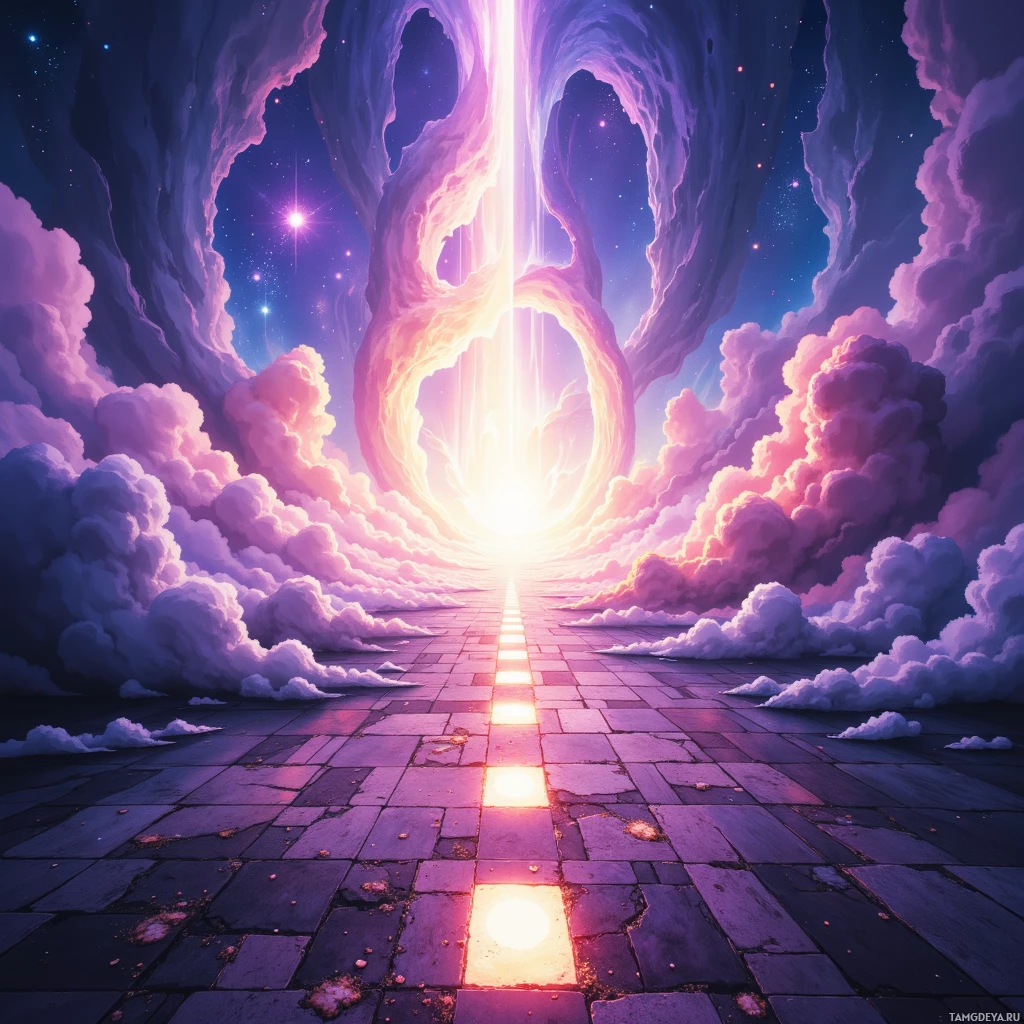 A vibrant, ethereal scene featuring a glowing path leading through a cosmic landscape with swirling clouds and a bright light at the end.