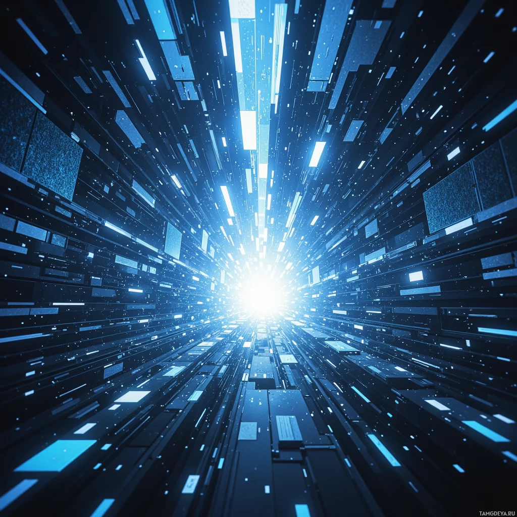 A futuristic digital tunnel with glowing blue lines and particles.