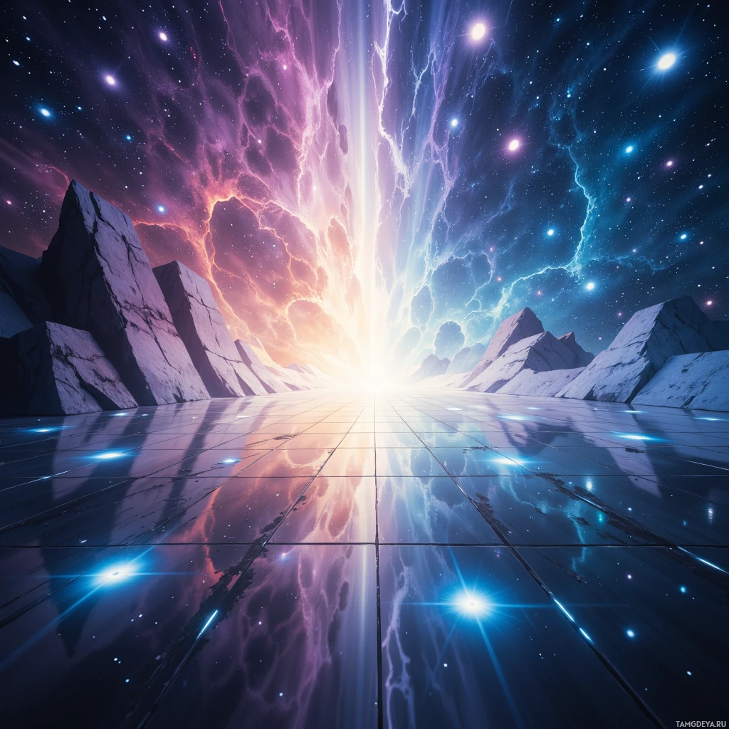 A cosmic landscape featuring a glowing horizon, starry sky, and jagged rock formations.