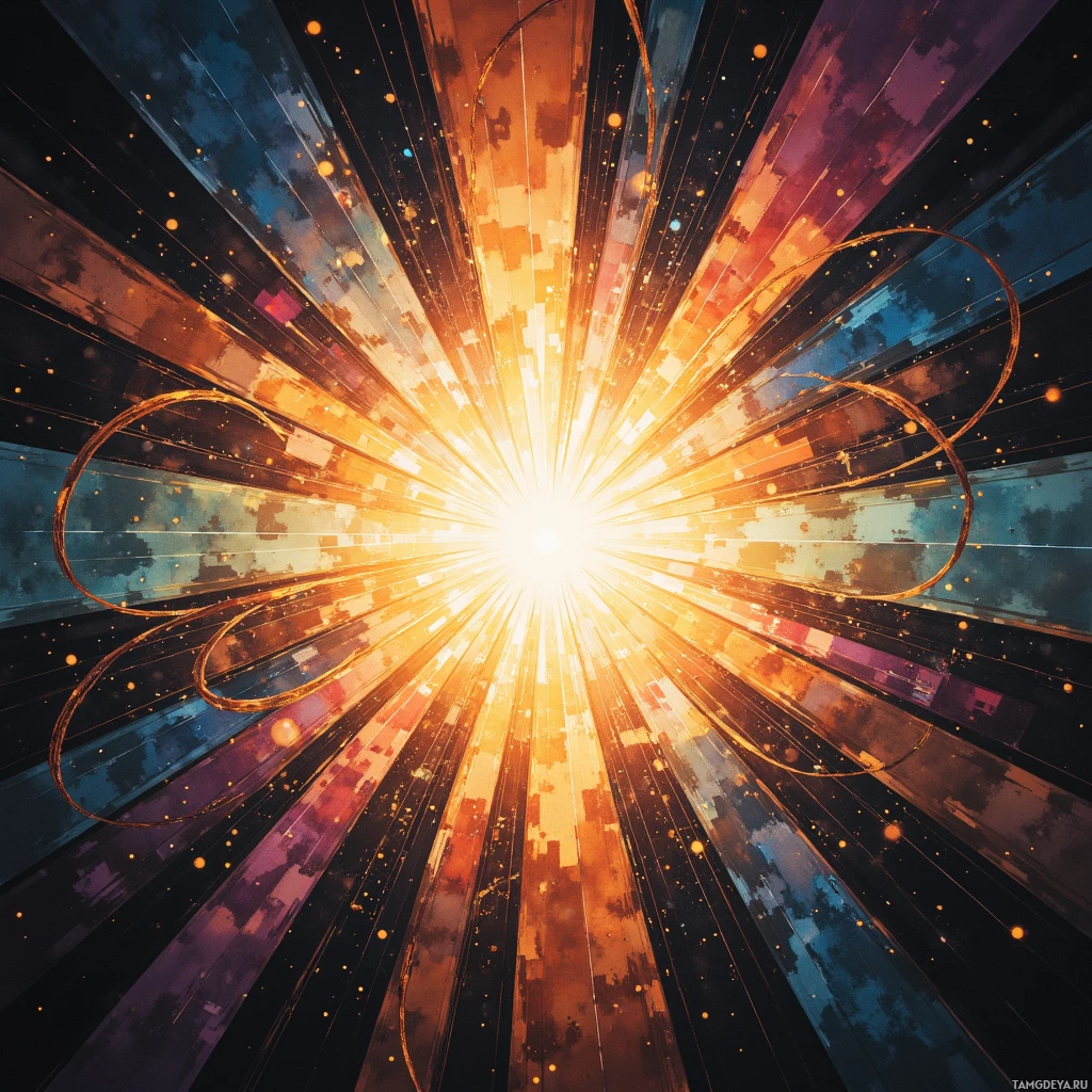 A vibrant, abstract burst of light with radiating lines and glowing particles.